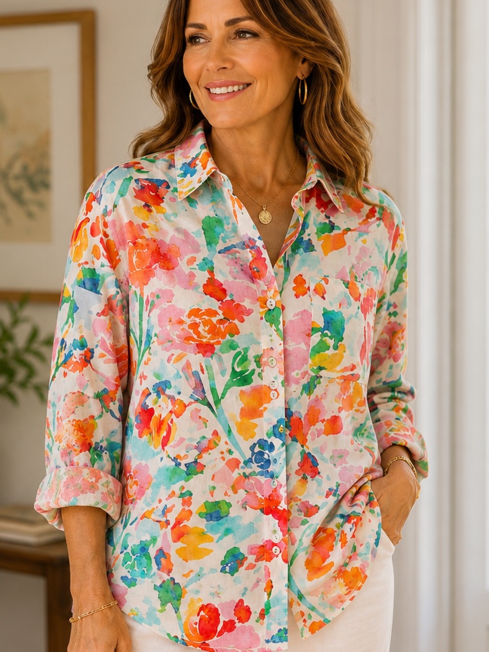 Chico’s No Iron FreshChic Multicolor Floral Button Down Shirt Size 3 16/18 - Picture 2 of 2